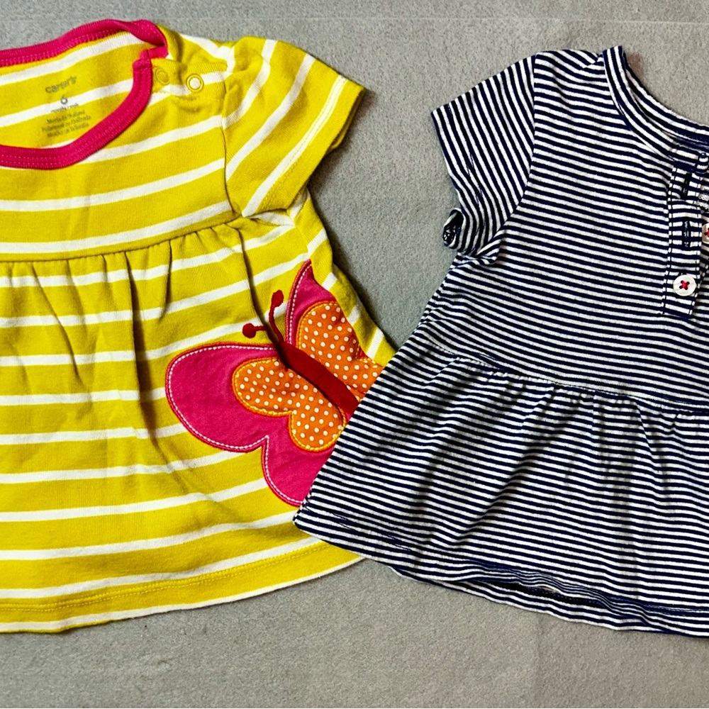 2 Carters girls 6m blue striped/yellow and white striped Baby Dresses/tops